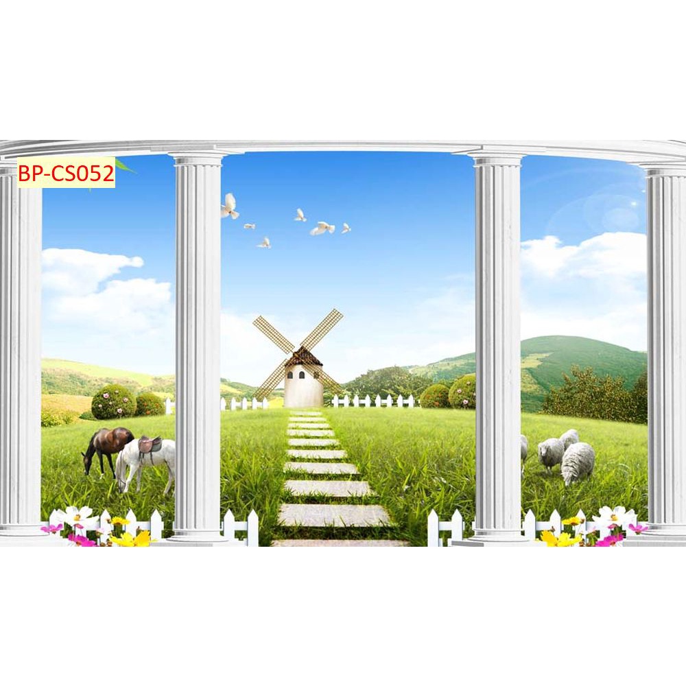 Tranh 3d cửa sổ nhìn ra phong cảnh sang trọng hiện đại