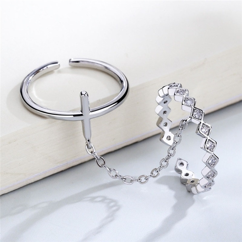 Nhẫn hở hai lớp mặt hình chữ thập phối dây xích đính đá thời trang dành cho bạn nữ