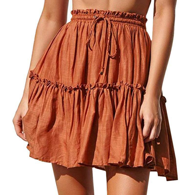 Pleated Mini Skirt Women High Waist Elastic Ruffle Summer Beach Boho