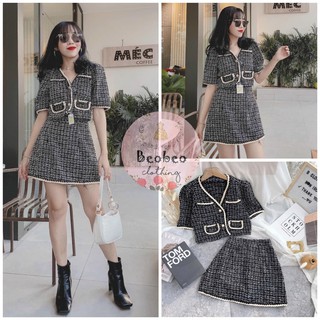[Ảnh thật] Set áo croptop cổ v phối viền kèm chân váy caro chữ A ulzzang