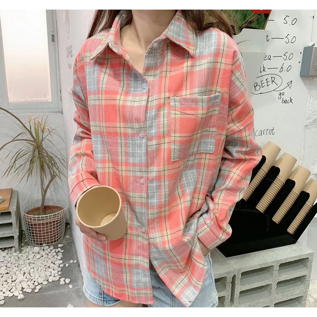 Áo Khoác Sơ Mi Caro Dáng Rộng Thời Trang Hàn Quốc Cho Nữ