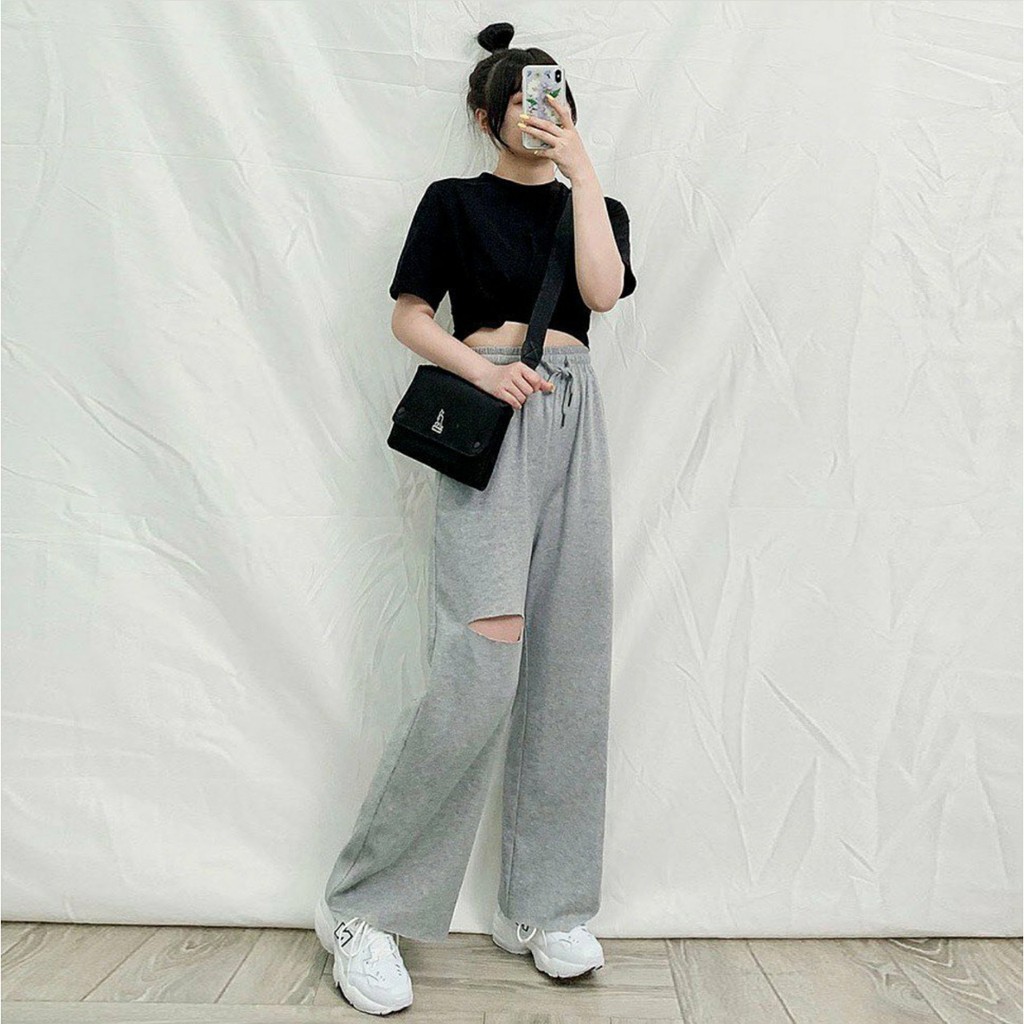Quần Nỉ Thun Ống Rộng Rách Gối IRU Jem Closet Nam Nữ Unisex
