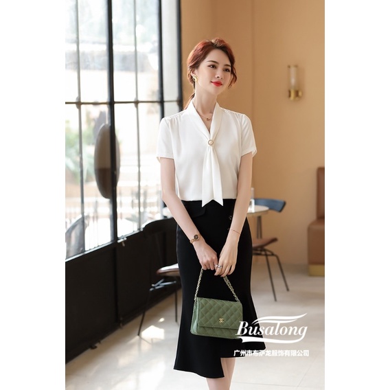 Áo sơ mi công sở ngắn tay, nơ cỏ dài duyên dáng, thanh lịch, chất vải lụa nhẹ nhàng, mêm mại giá rẻ