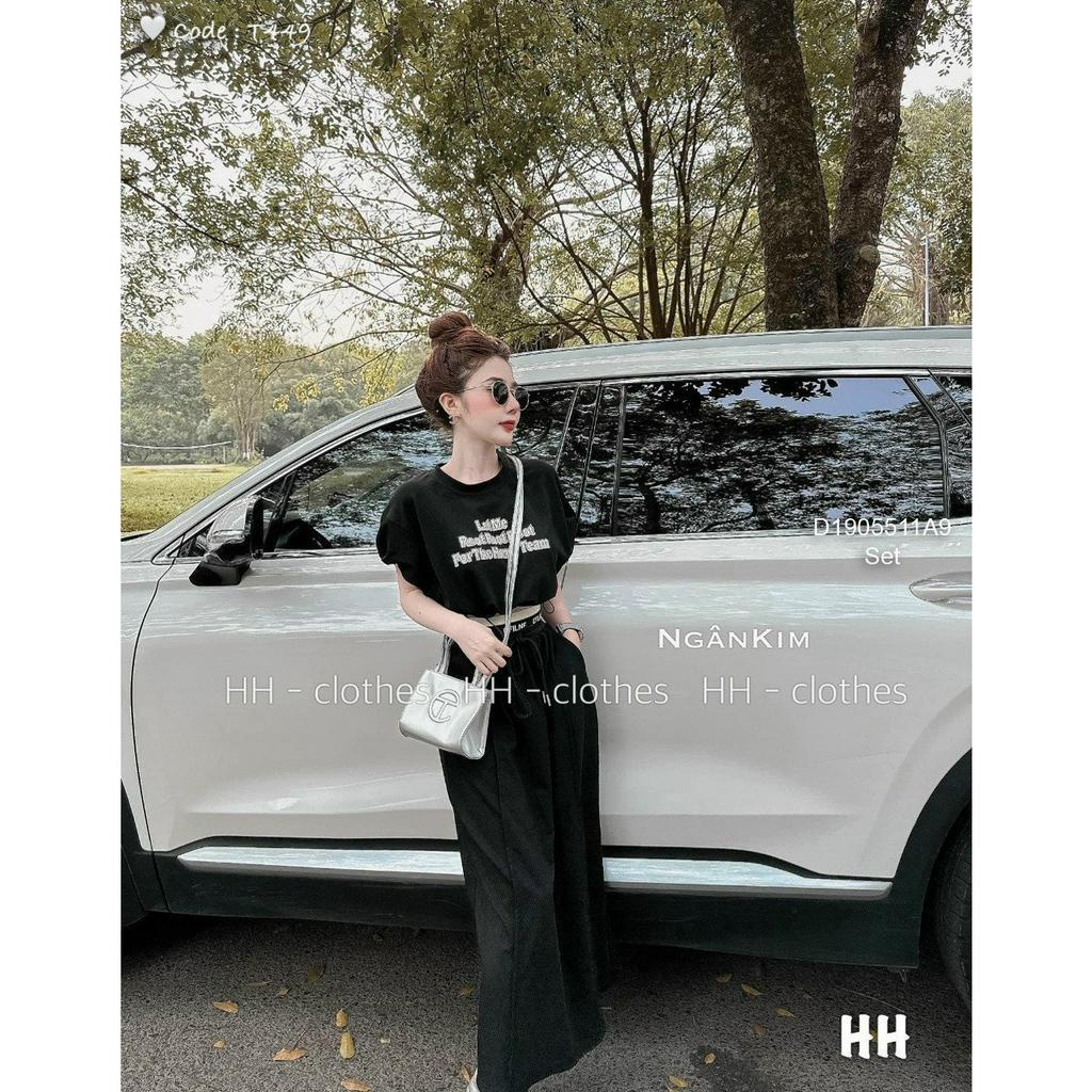 Set bộ áo croptop tay ngắn in chữ rút dây kèm chân váy dài!