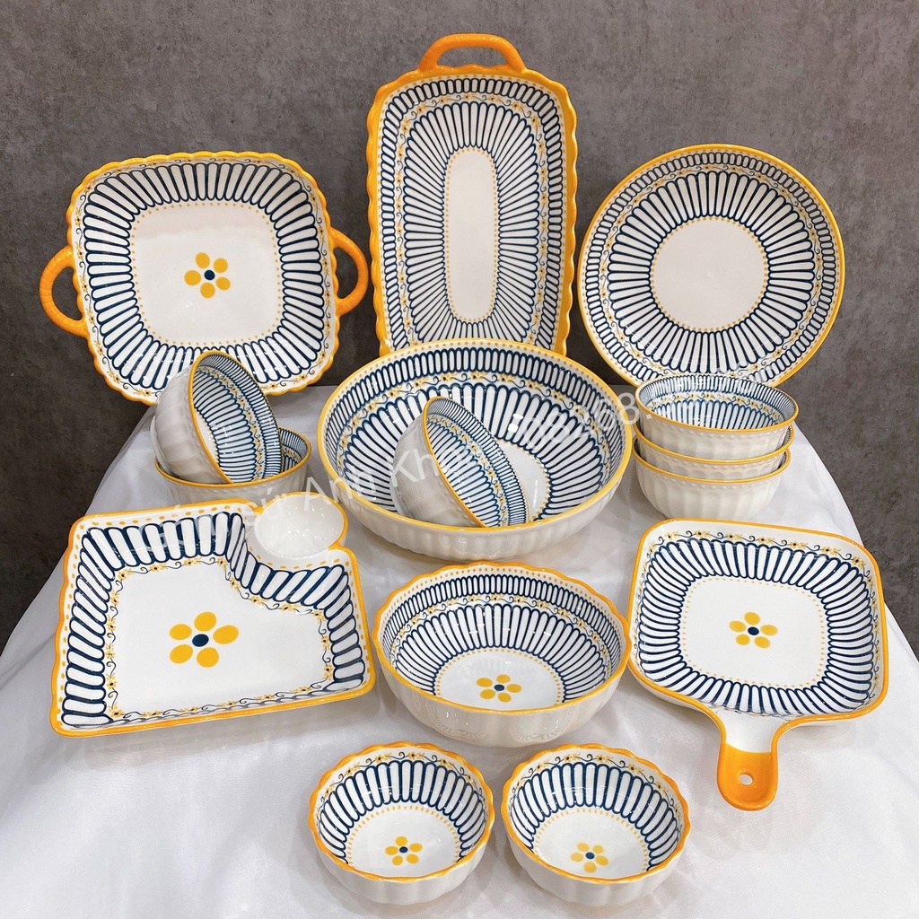 Bộ Bát Đĩa sứ Decor Chén Dĩa Sứ Dễ Thương Cute Cao Cấp  sét thổ cẩm 15 món sanh chảnh H66 trang trí món ăn cho gia đình.