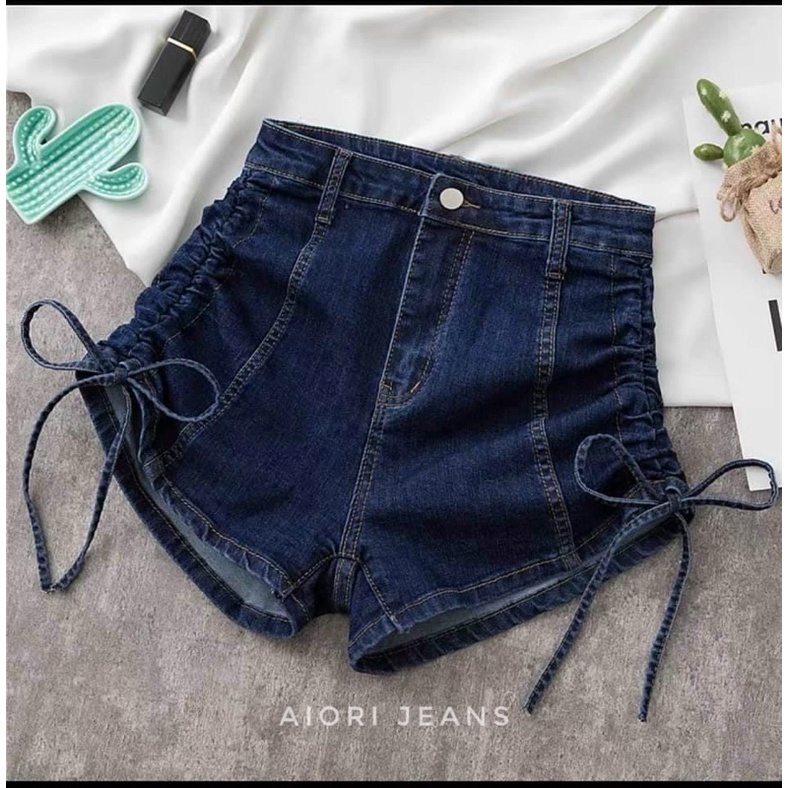 Quần Short Jean Nữ Aiori Denim Lưng Cao Ống Rộng Phối Dây Rút Thời Trang Co Giãn Cao Cấp, Thoáng Mát, Mềm Mịn