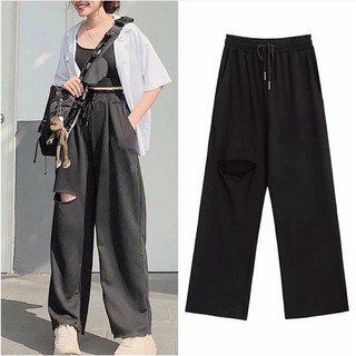 Quần nỉ ống rộng 🔸 SIÊU XINH 🔸 quần nỉ rách gối Iru unisex vải da cá mềm mịn dày dặn (Đen/Xám) - A82