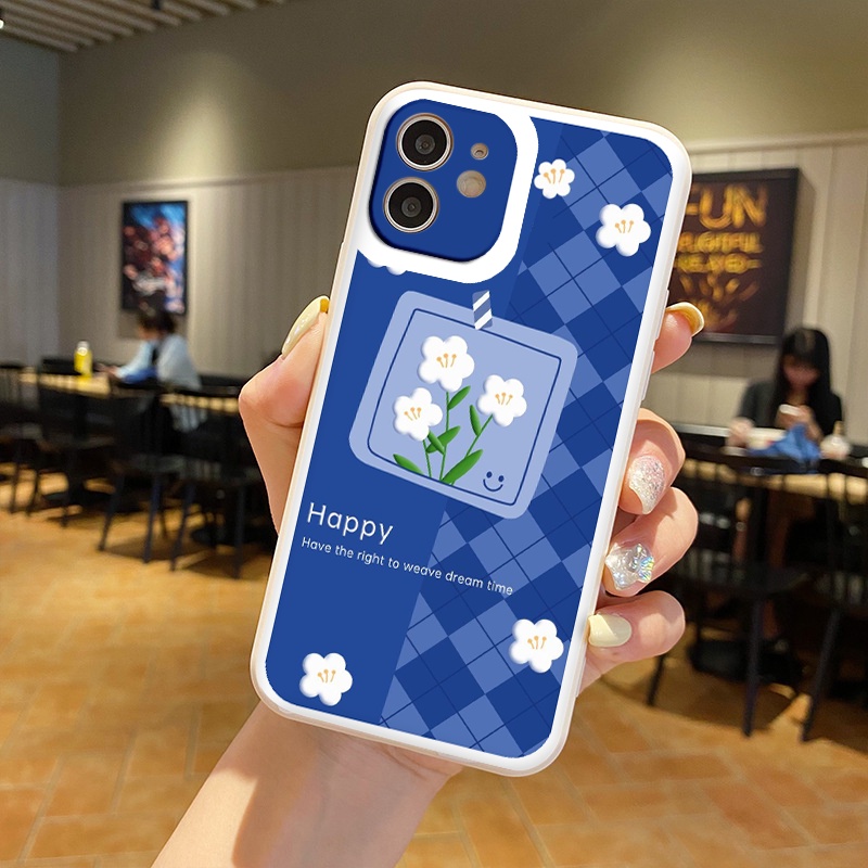 Ốp iphone - Ốp lưng iphone cạnh vuông viền camera Hoa trắng caro xanh dành cho ip 6 đến 14promax - ng037