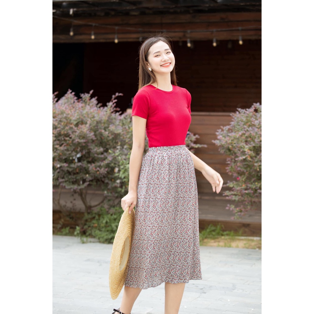 Chân Váy Xếp Ly Hoa Nhí Nhuyễn The Kat House lưng thun, dáng dài, thanh lịch, nhẹ nhàng