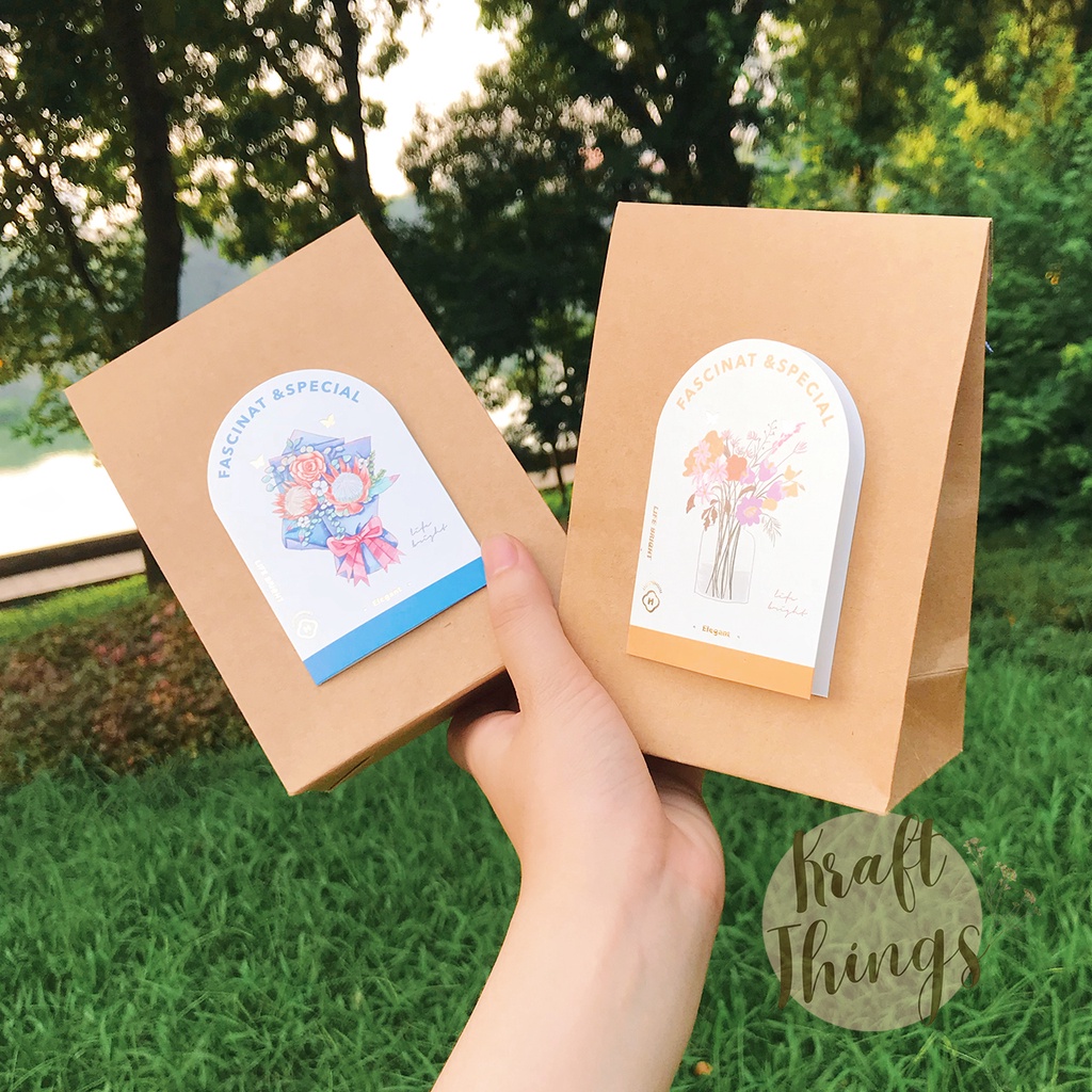 Túi đựng quà kraft nắp gập, túi giấy đựng son, phụ kiện, quà cảm ơn tiệc cưới vintage kèm nơ T02