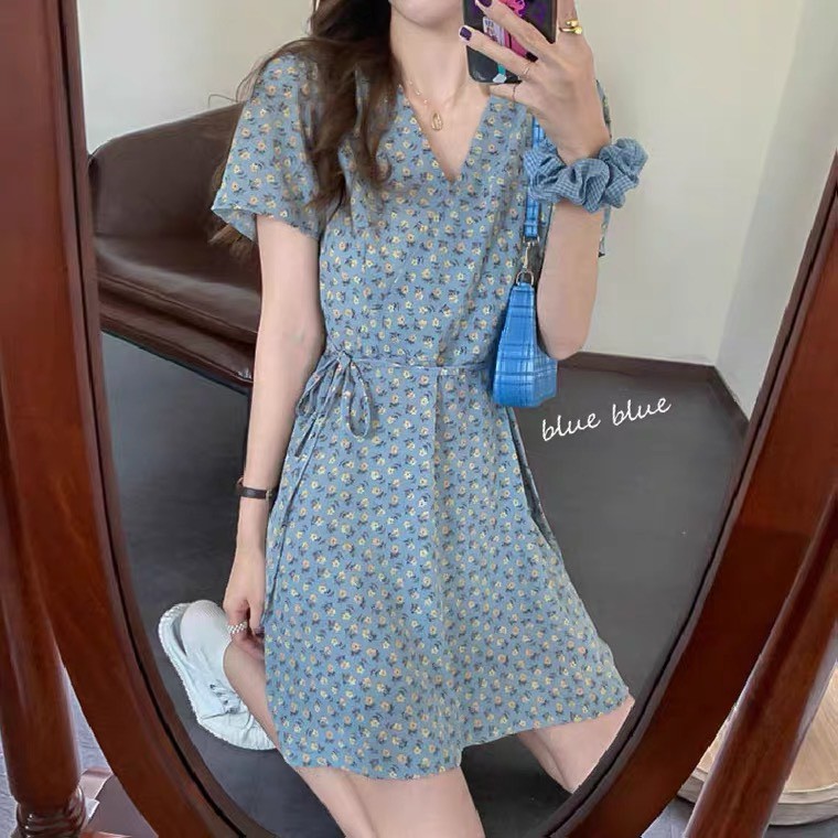 [CÓ SẴN] VÁY ĐẦM HOA NHÍ NGẮN TAY XANH DƯƠNG BABYBLUE FULLSIZE BUỘC DÂY THỜI TRANG ULZZANG HÀN QUỐC CAO CẤP LOẠI 1