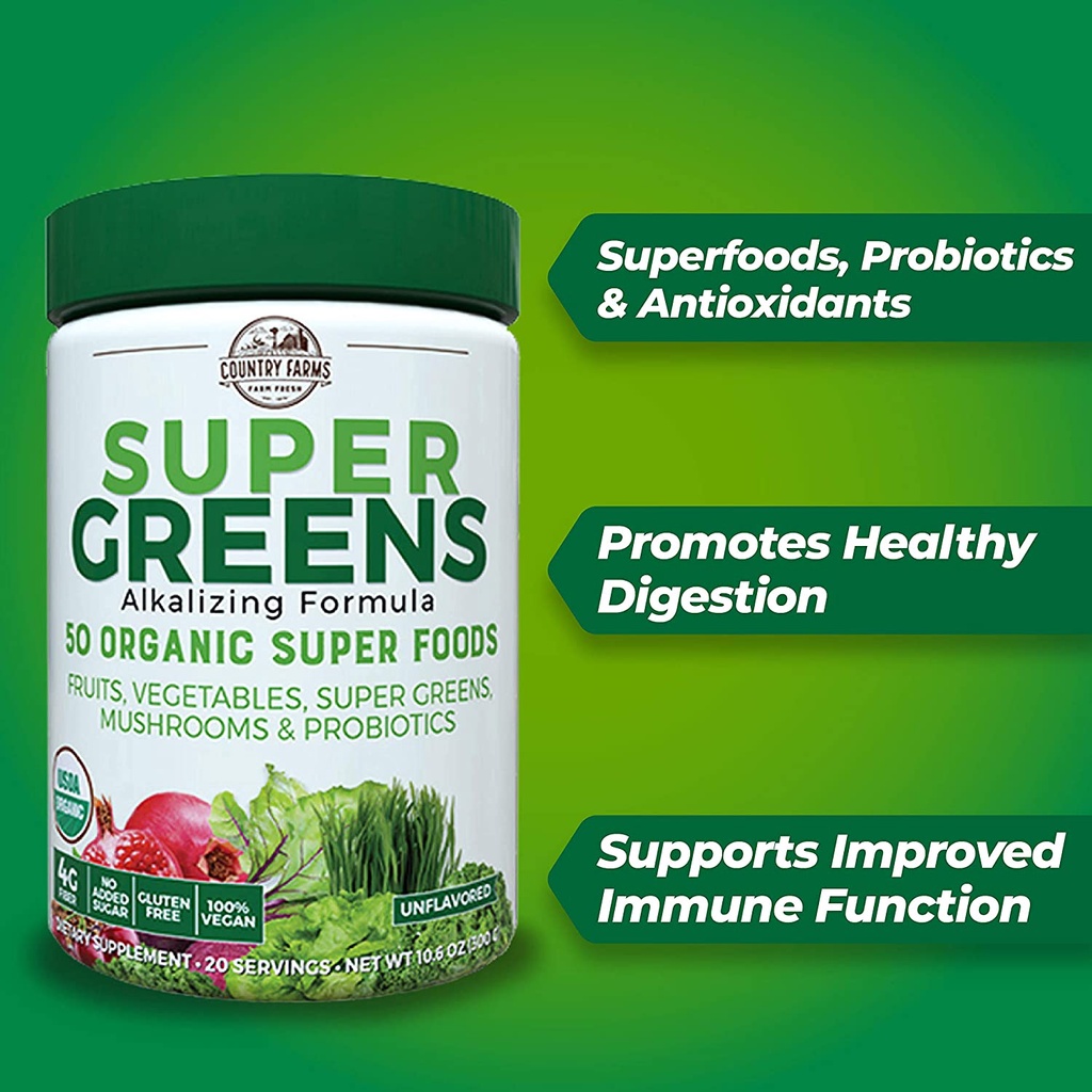 Bột rau củ hữu cơ rau xanh Country Farms Super Greens 50 Organic Super Foods 300g