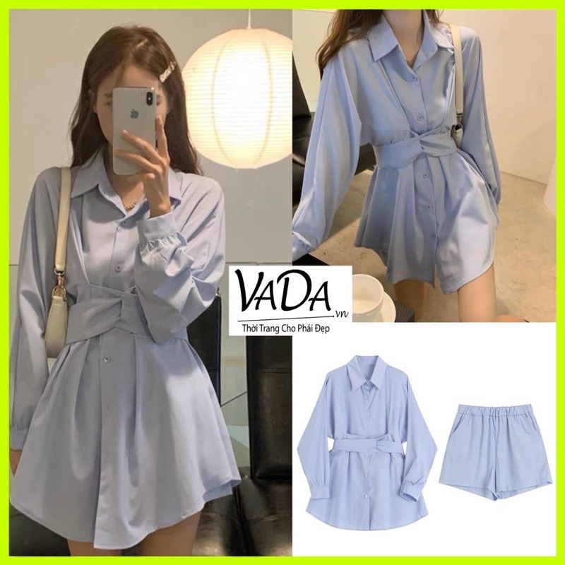 Áo sơmi eo bó cách điệu form dài + Quần short cùng mẫu