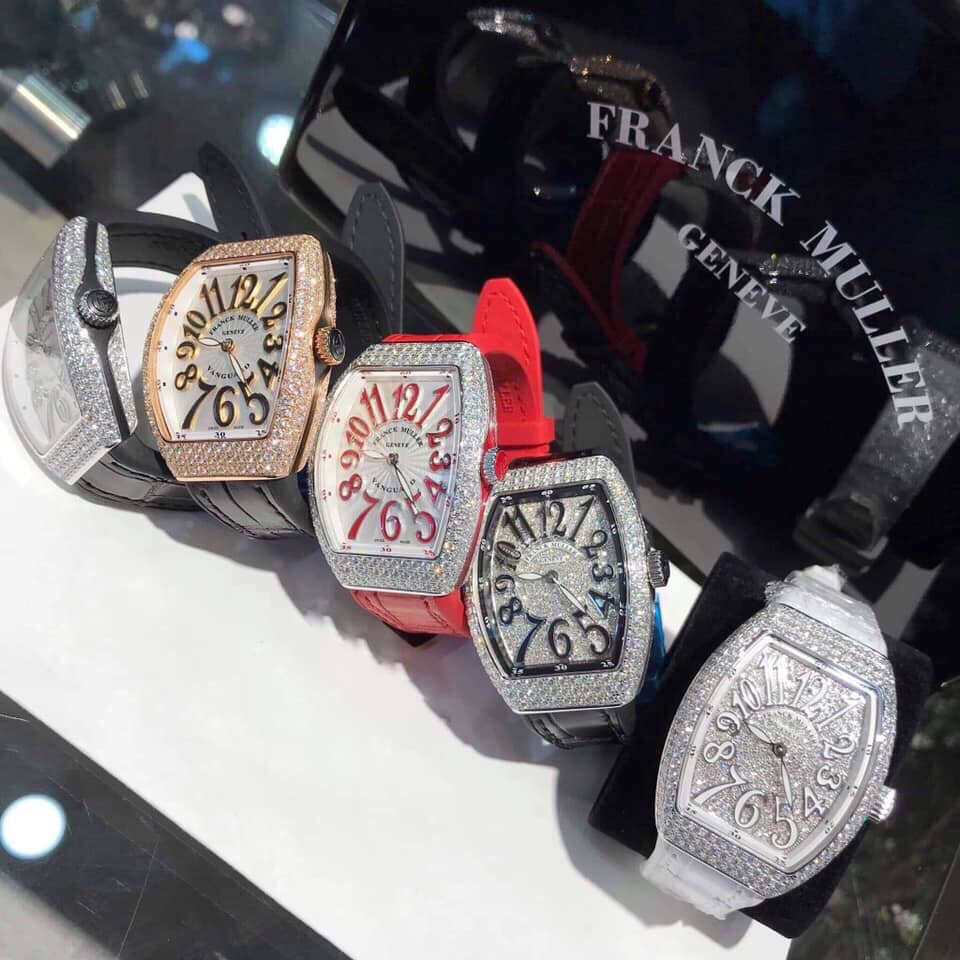 Đồng hồ Nữ Franck Muller mặt kín đá trăng sao cao cấp chạy pin máy Nhật size 32mm dây cao su vỏ đá dây trắng