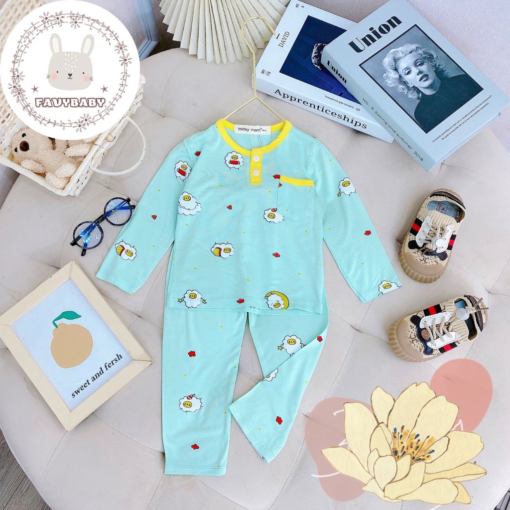 Bộ Dài Tay Bé Trai Bé Gái MINKY MOM Chính Hãng Thun Lạnh Có Nút Và Túi Hình In Gấu Cừu Cho Bé 0 1 2 3 4 5 Tuổi-Favybaby