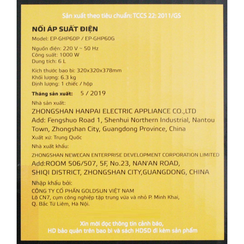Nồi áp suất điện Goldsun EP-GHP60G dung tích 6 lít - Hàng chính hãng, bảo hành 12 tháng