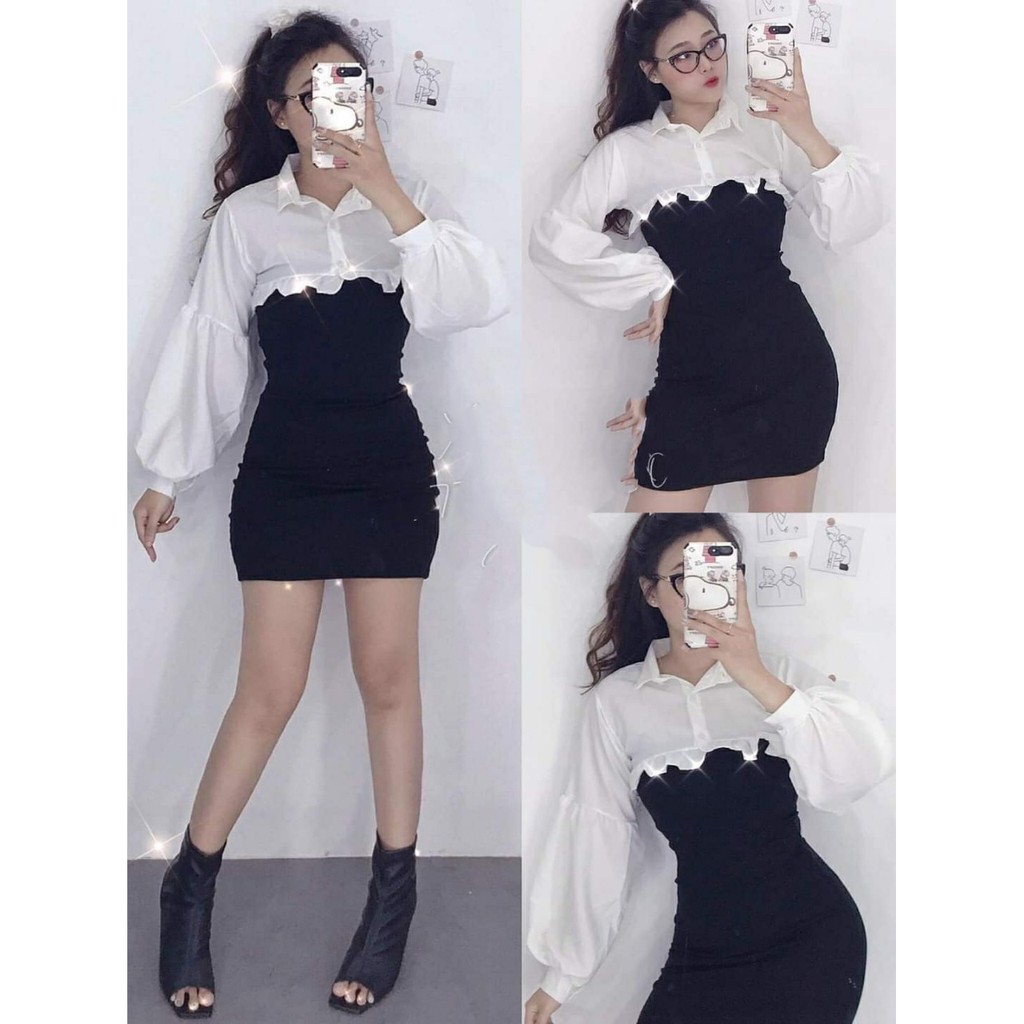 SET ĐẦM THUN HAI DÂY PHỐI ÁO SƠ MI VOAN LAI BÈO TAY DÀI SIÊU HOT HIT