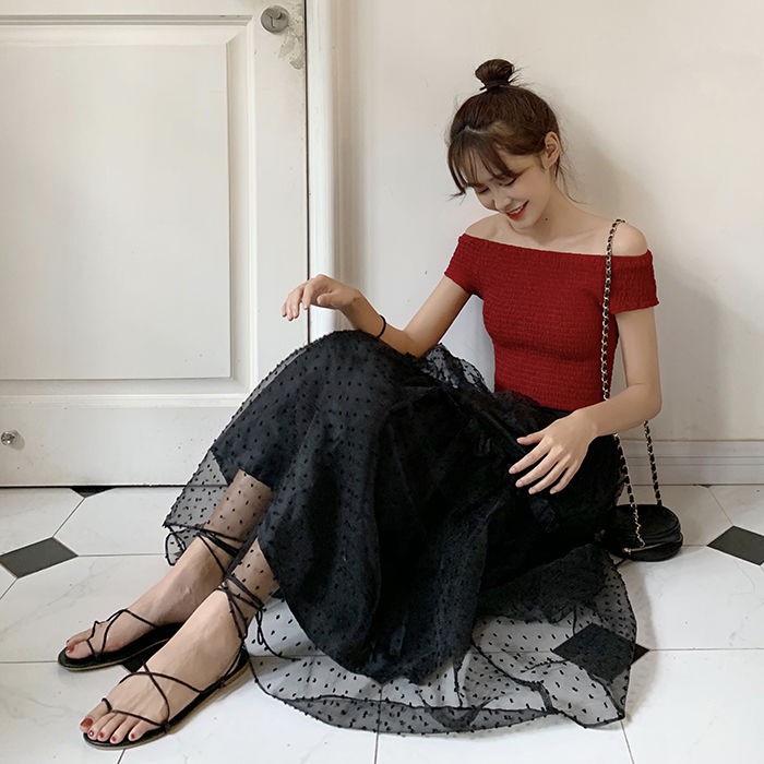 Chân Váy Dài Lưng Cao Phối Ren Lưới Phong Cách Hàn Quốc Mới Cho Nữ 2021