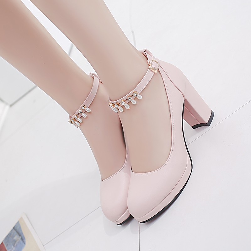 IELGY Giày cao gót đế thô quai ngọc trai thời trang sành điệu cho nữ