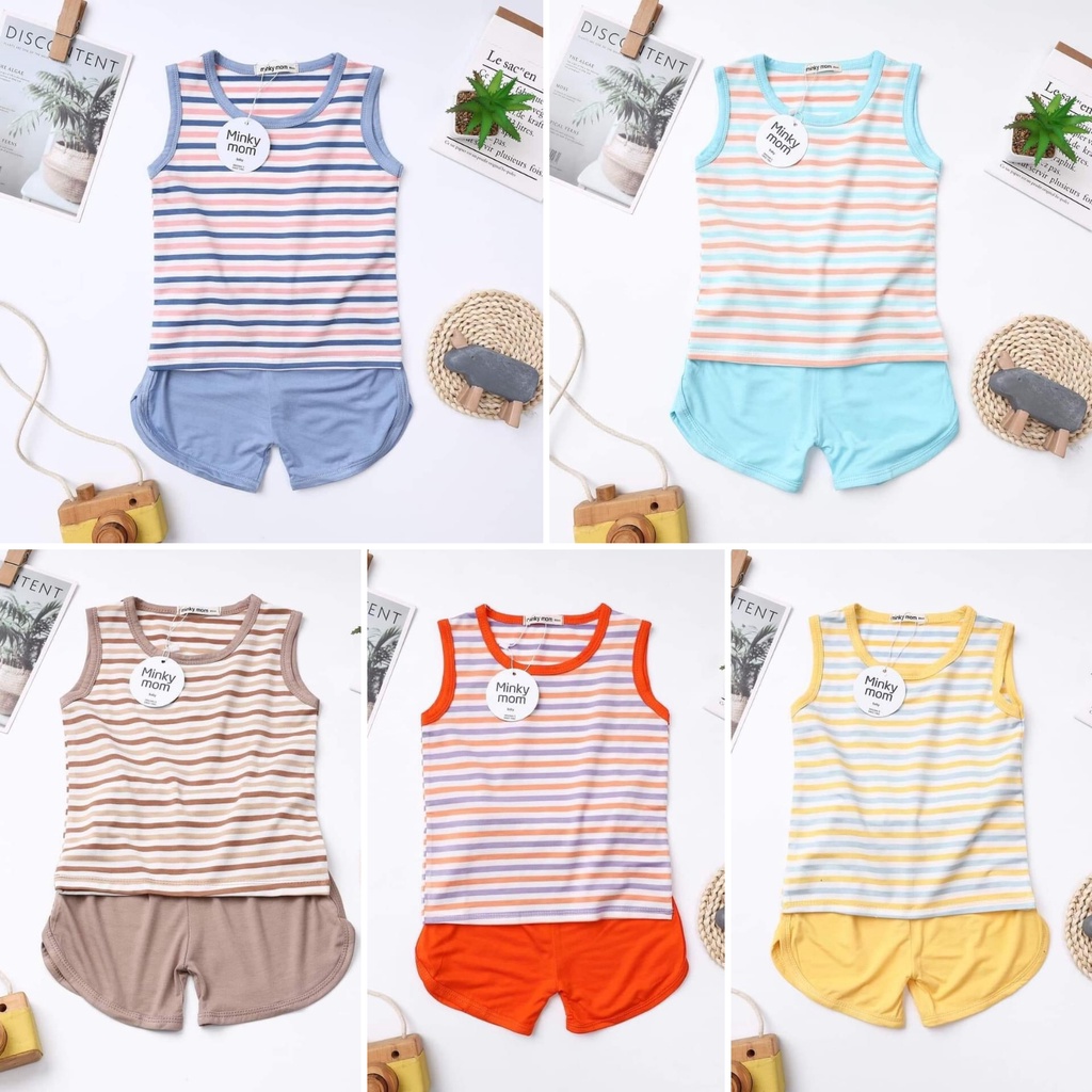 Bộ ba lỗ Minky Mom thun lạnh sọc dệt từ 7-25kg Minky Mom mềm mịn mát cho bé trai bé gái [HÀNG CHUẨN]