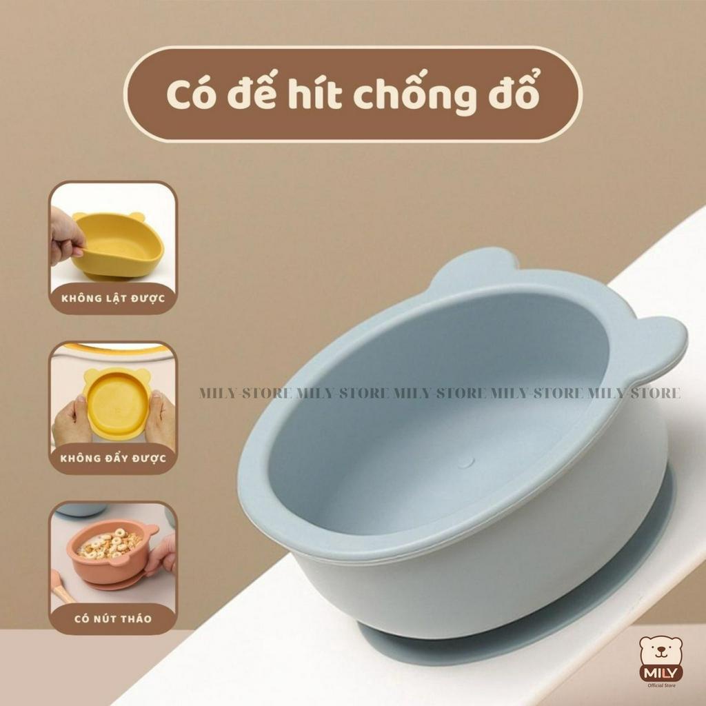 Bát ăn dặm chính hãng Mily silicone hình gấu đế hít chống đổ