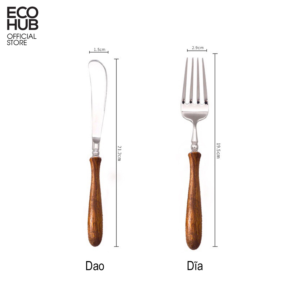 Bộ dao muỗng nĩa inox cán gỗ ECOHUB màu bạc sang trọng, Sử dụng cho nhà hàng cao cấp / cá nhân (Wooden Cultery Set)