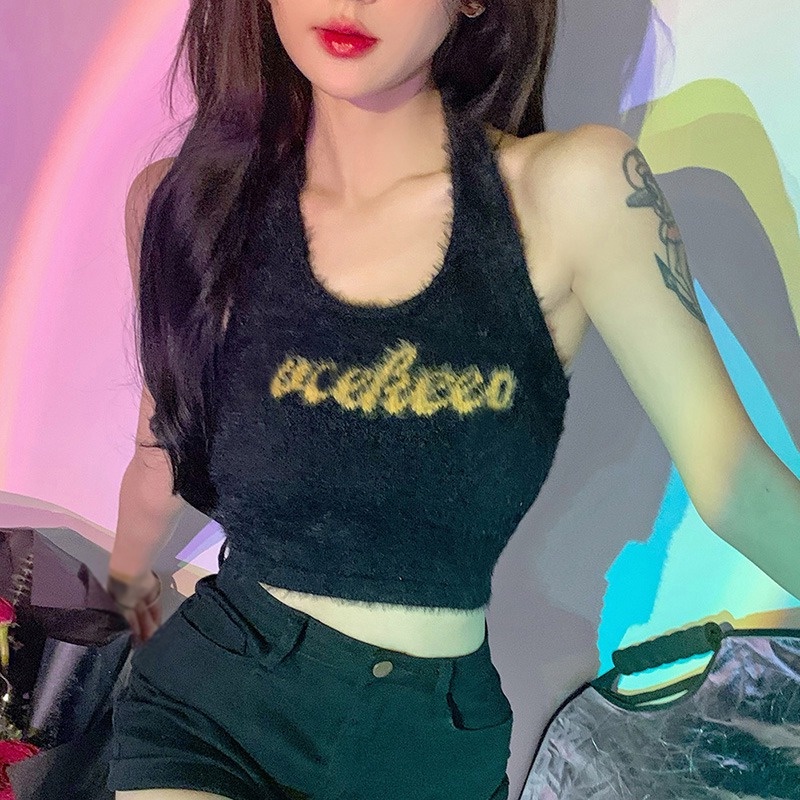 Áo Croptop Lông Cừu Hai Dây Dáng Ôm Hở Lưng Gợi Cảm Cho Nữ