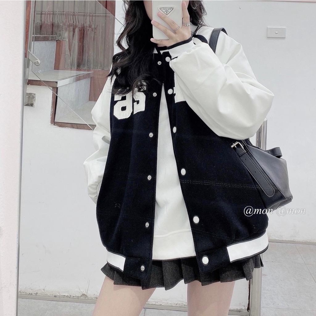 210777 Áo bomber dạ phối tay da nữ, áo khoác nữ thời trang ulzzang 2 màu freesize | BigBuy360 - bigbuy360.vn