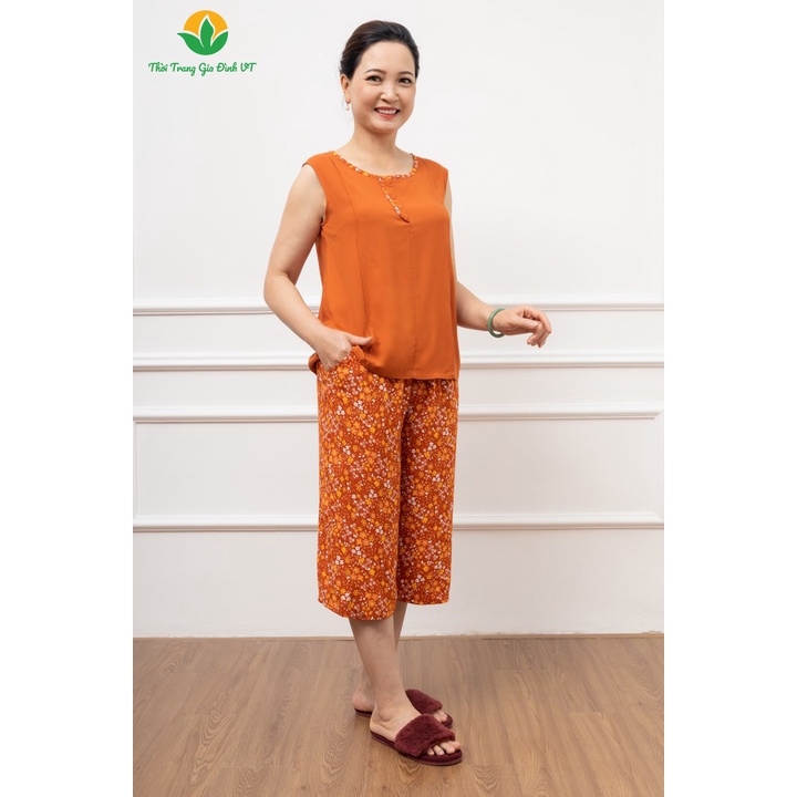 Bộ lanh Việt Thắng quần lửng áo sát nách trung niên phối áo trơn quần họa tiết B05.2208