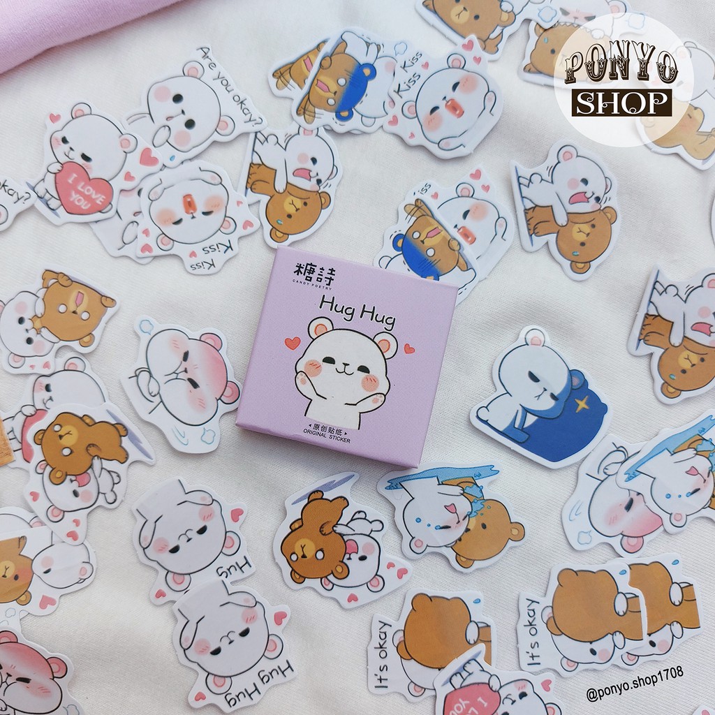 🐻🐼 Hộp 45 sticker nhãn dán Bear Couple trang trí Scrapbook