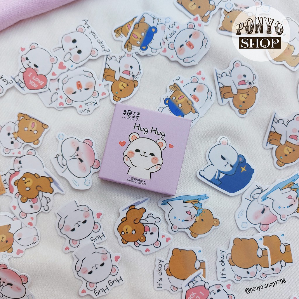 Hộp 45 sticker nhãn dán Bear Couple trang trí Scrapbook