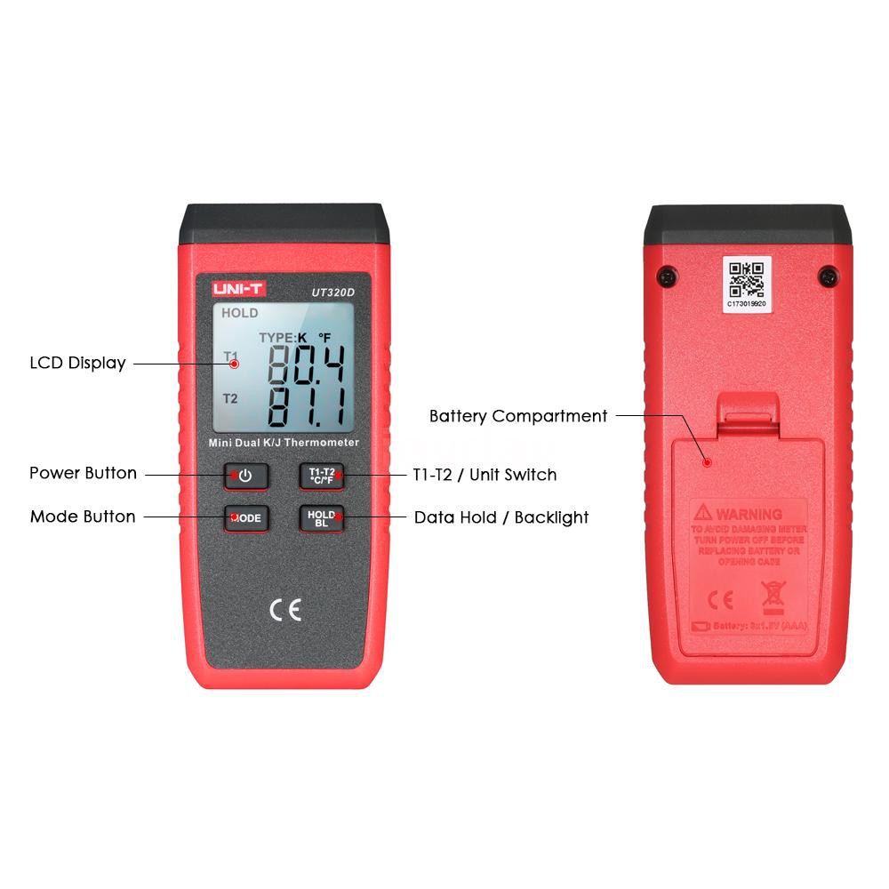 Nhiệt Kế Điện Tử Mini Uni-T Ut320D Màn Hình Lcd 2 Kênh -50~1300° C/-8° F/-50° F