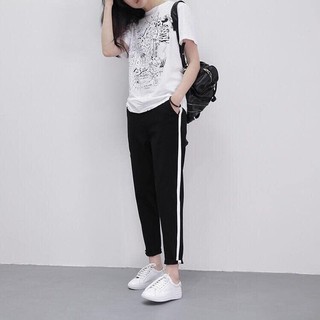 Quần jogger nữ dây rút cá tính tập gym có túi vải sọc trắng co dãn màu đen Quần thể thao dài ống bo 1 sọc mặc đi học nhà