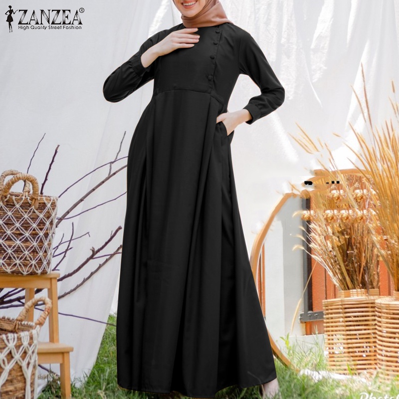 Đầm maxi ZANZEA tay dài cổ tròn có túi phong cách người Hồi giáo cho nữ