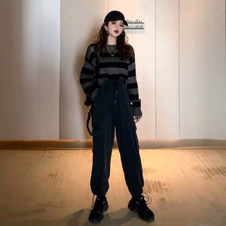Áo len kẻ lửng croptop