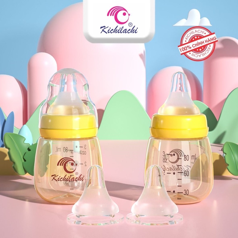 Bình Sữa Sơ Sinh Ppsu Cổ Hẹp Kichilachi 80ml Núm Ti Siêu Mềm Chống Sặc Và Đầy Hơi Cho Bé [ KÈM NÚM TI ]