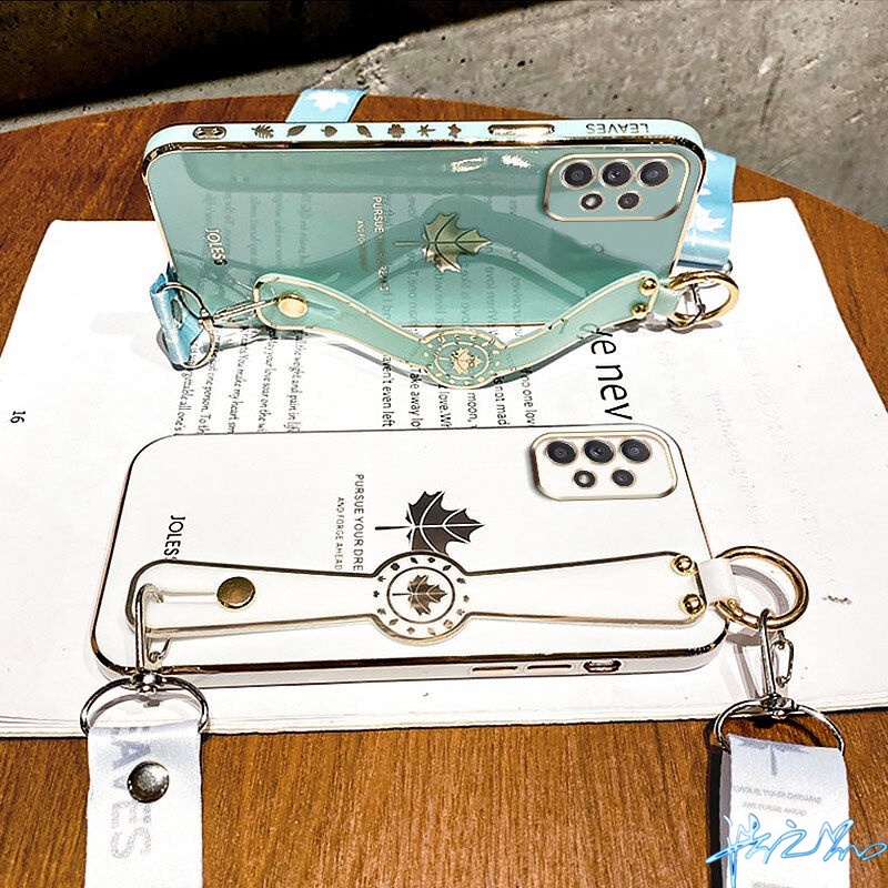 Ốp Điện Thoại Họa Tiết Lá Phong Có Dây Đeo Cổ Tay Cho Samsung A02S J7 J4 Prime Plus A03S A03 A10S A20S A21S A51 A71 4G