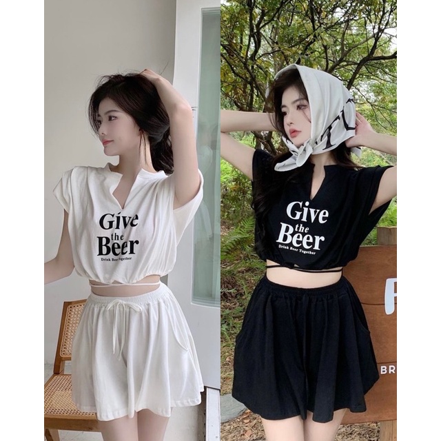 Set cộc áo croptop buộc eo phối quần short ống xoè Ulzzang