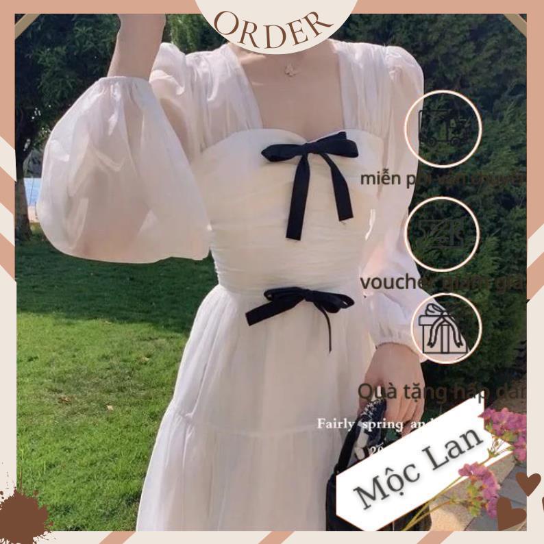 SẴNĐầm trắng xoè tầng voan ulzzang tiểu thư đính nơ công chúa xinh dự tiệc prom/Váy bánh bèo tay bồng vintage retro