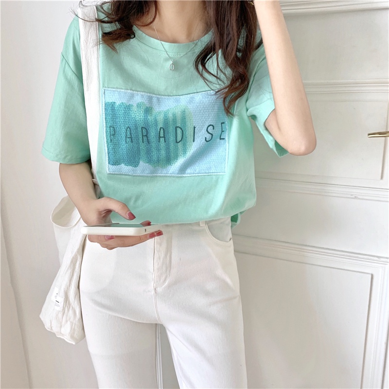 Áo Thun Tay Ngắn Cổ Tròn Thêu Chữ Đính Kim Sa Lấp Lánh Thời Trang