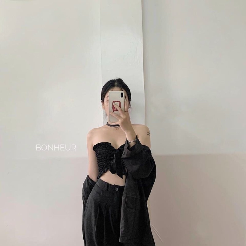 Áo ống croptop nhún ngực tặng kèm dây buộc nơ mặc được 2 kiểu
