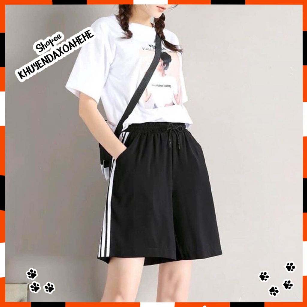 Q006 Quần đùi đen nam nữ 3 vạch ống rộng cạp chun dây rút ulzzang, quần short thun co giãn thể thao unisex