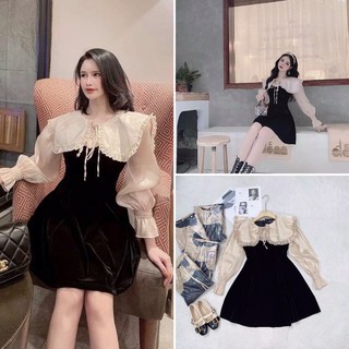 V374 Váy Nhung Phối Cổ Sen Sang Chảnh , Đầm Dự Tiệc Dài Tay Chất Voan Tơ Xịn Xò