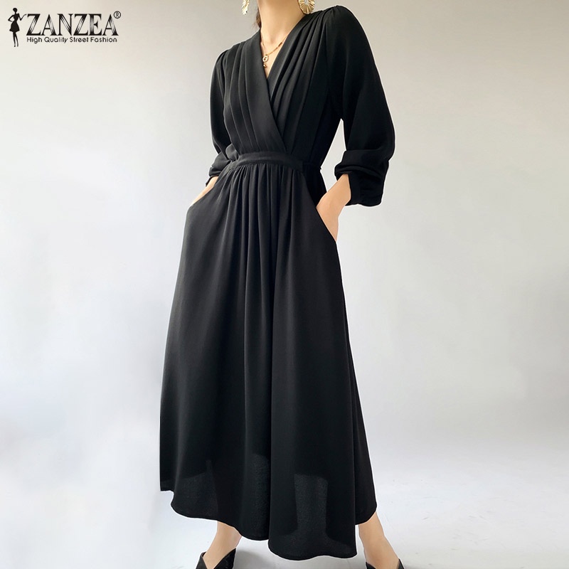 Đầm nữ Zanzea dài tay cổ chữ v thời trang Hàn