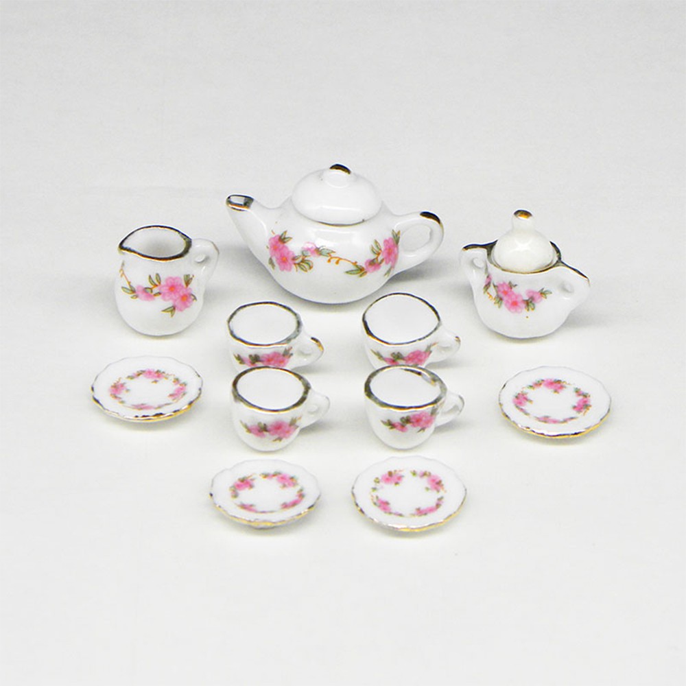 ☆YOLA☆ 11pcs Toys Dollhouse Accessories Kitchen 1/6 1/12 Miniature Porcelain Tea Cup Set with|Trim Home Decoration Floral Pattern Kit Chic Style Dining Ware