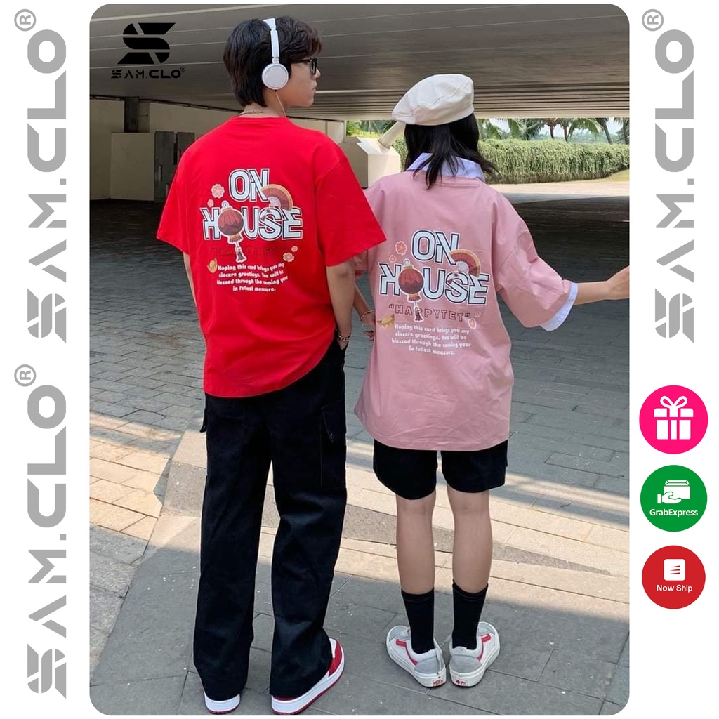 Áo thun tay lỡ nữ SAM CLO freesize phông form rộng dáng Unisex, mặc lớp, nhóm, couple in chữ ON HOUSE HAPPY TET