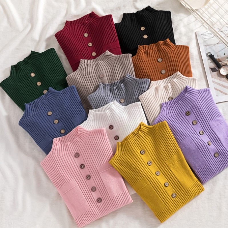 Áo len cổ 3 phân túi 2 bên đính cúc ngực