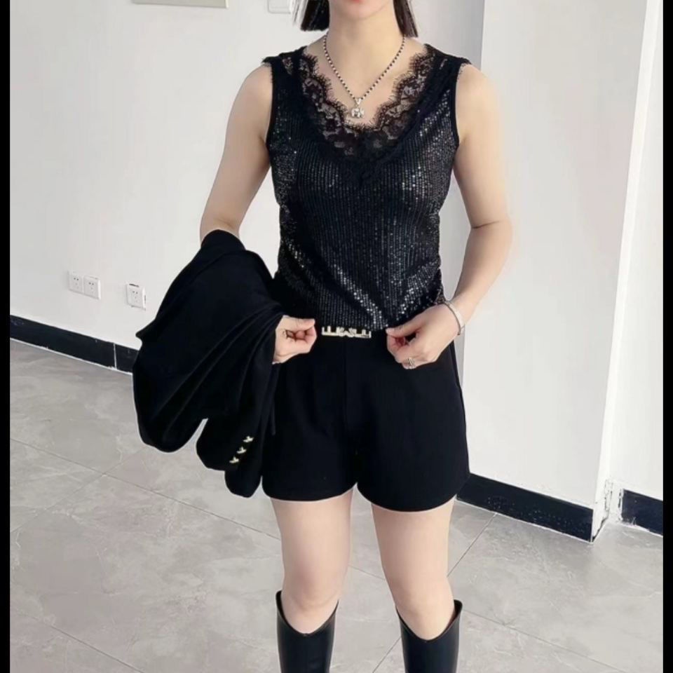 Áo Hai Dây Không Tay Phối Ren Đính Kim Sa Thời Trang Xuân Thu Mới Dành Cho Nữ★Quần Áo Nữ Yiren★