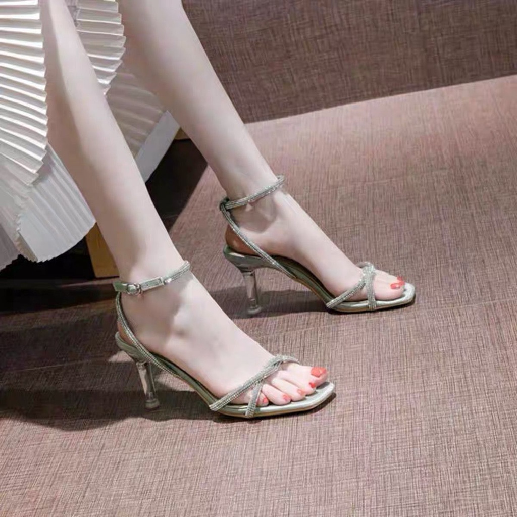 Giày Sandal Cao Gót Hở Ngón Đính Đá Thời Trang Dành Cho Nữ
