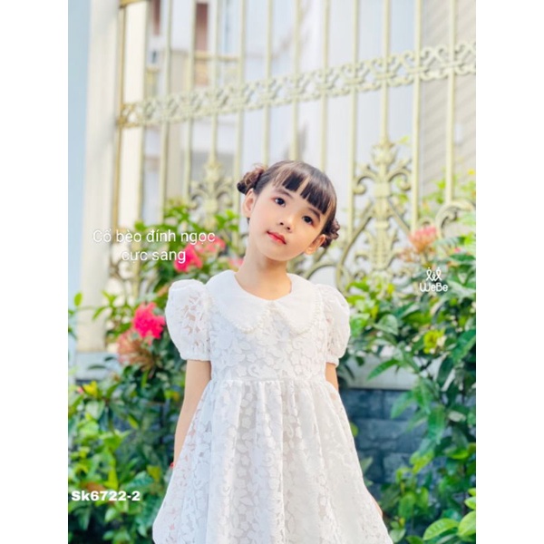 Đầm váy trắng ren thêu bé gái tiểu thư cao cấp haivanco 10 đến 40 kg dễ thương mềm mại thoáng mát đi học đi chơi đẹp